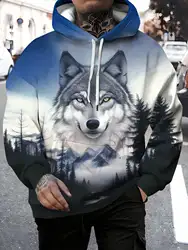 Light Men's Summer Early Autumn Hoodie with Wolf Print Fashion Casual Street Wear