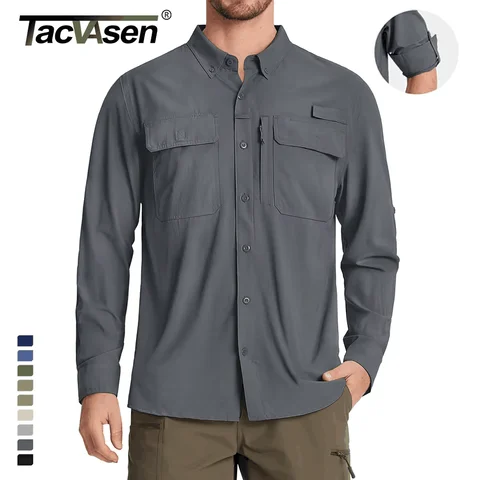 TACVASEN UPF 50+ Sun Protection Fishing Shirts Men's Quick Dry Long Sleeve Shirts Mesh Breathable Hiking Work Cargo Shirts