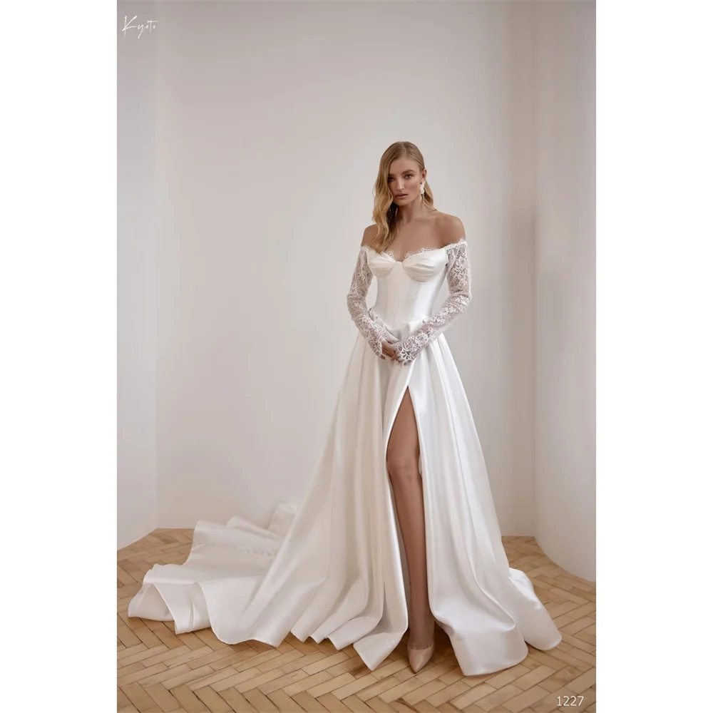 

Kyoto Customized White Scalloped Side Slit Wedding Dress A-line Lace Long Sleeves vestidos de noche Royal Train Formal Evening