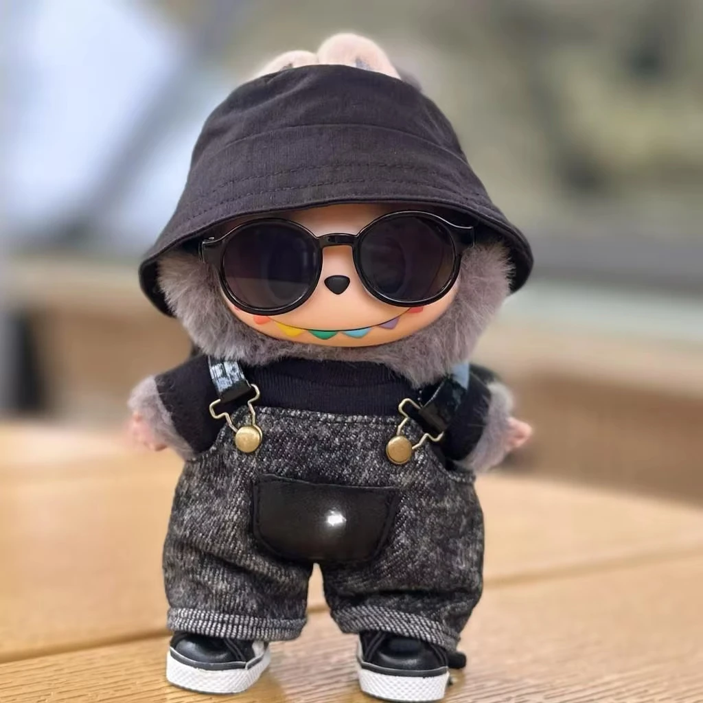 

Labubu 1st-3rd Gen 15/17cm Doll Street - Style Workwear Set Bucket Hat, Sunglasses Denim Overalls & Furry Trim Details