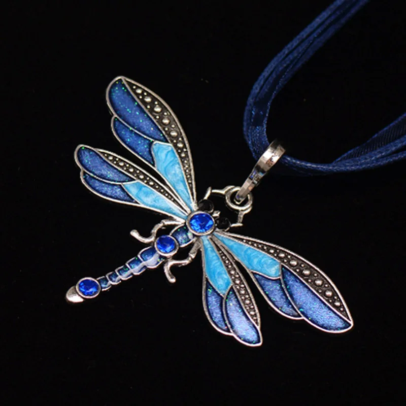 Vintage Enamel Dragonfly Pendant Necklace For Women Choker With Rhinestone Ribbon Wax Rope Chain Necklace Jewelry Gift