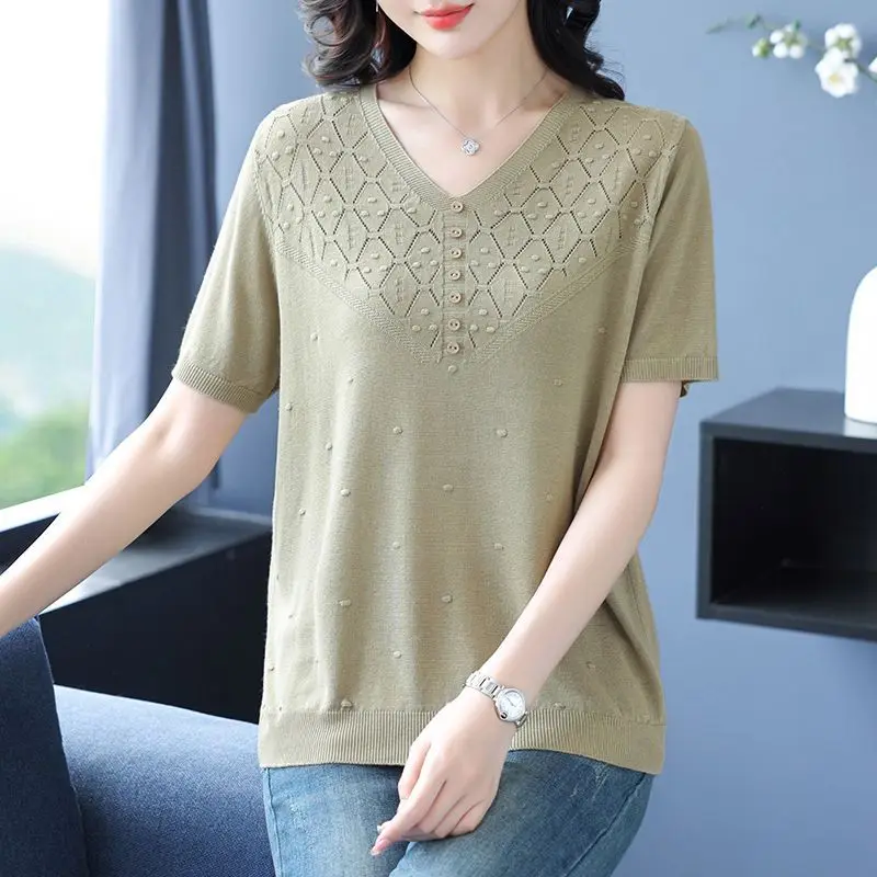 Short-sleeved Top Summer Knitwear New Hollow Ice Silk Fashionable Half-sleeve Loose Thin Style