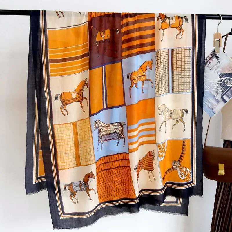 

High-end Elegant Women Exquisite Vintage Steed Plaid Print Quality Water Soluble Wool Handcrafted Fringe Warm Long Scarf Shawl