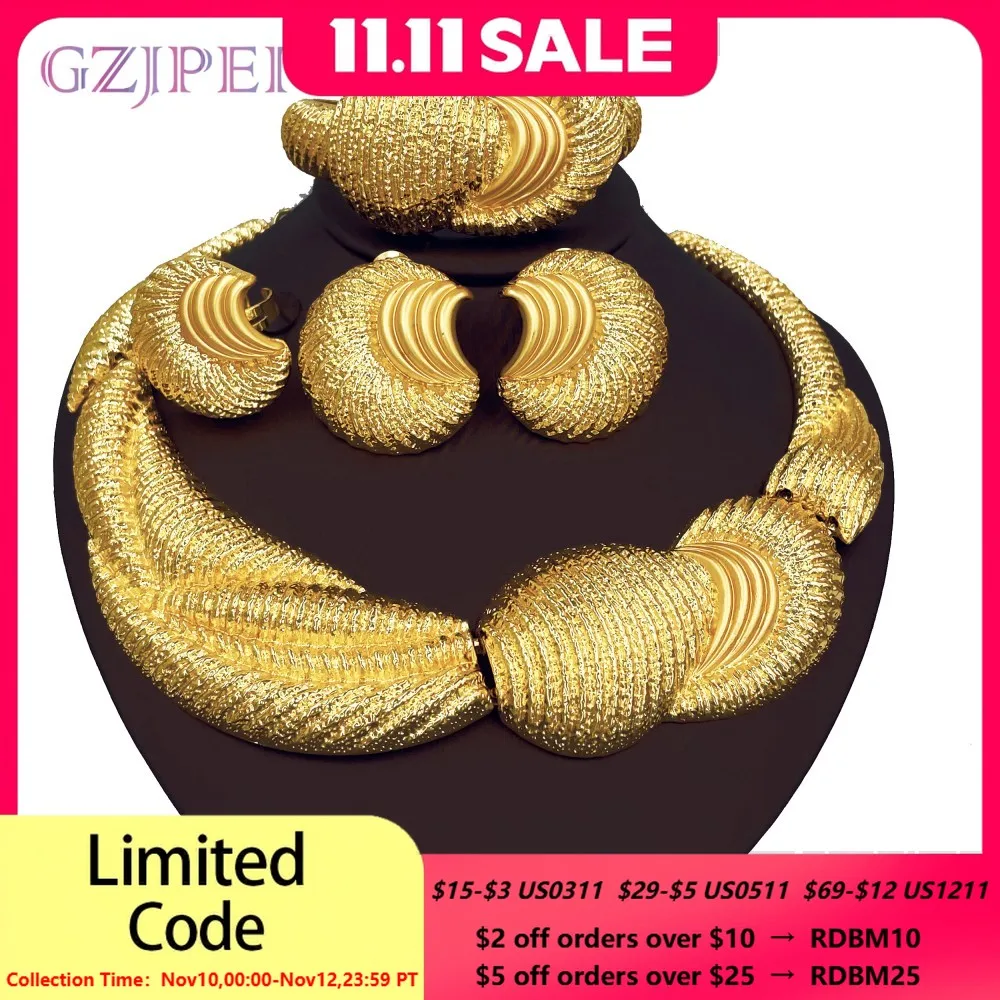 

Luxury 18K Gold Plated Big Jewelry Set Large Necklace Chunky Bangle Bracelet Moon Shape Piercing Earring Ring Women Wedding Gift