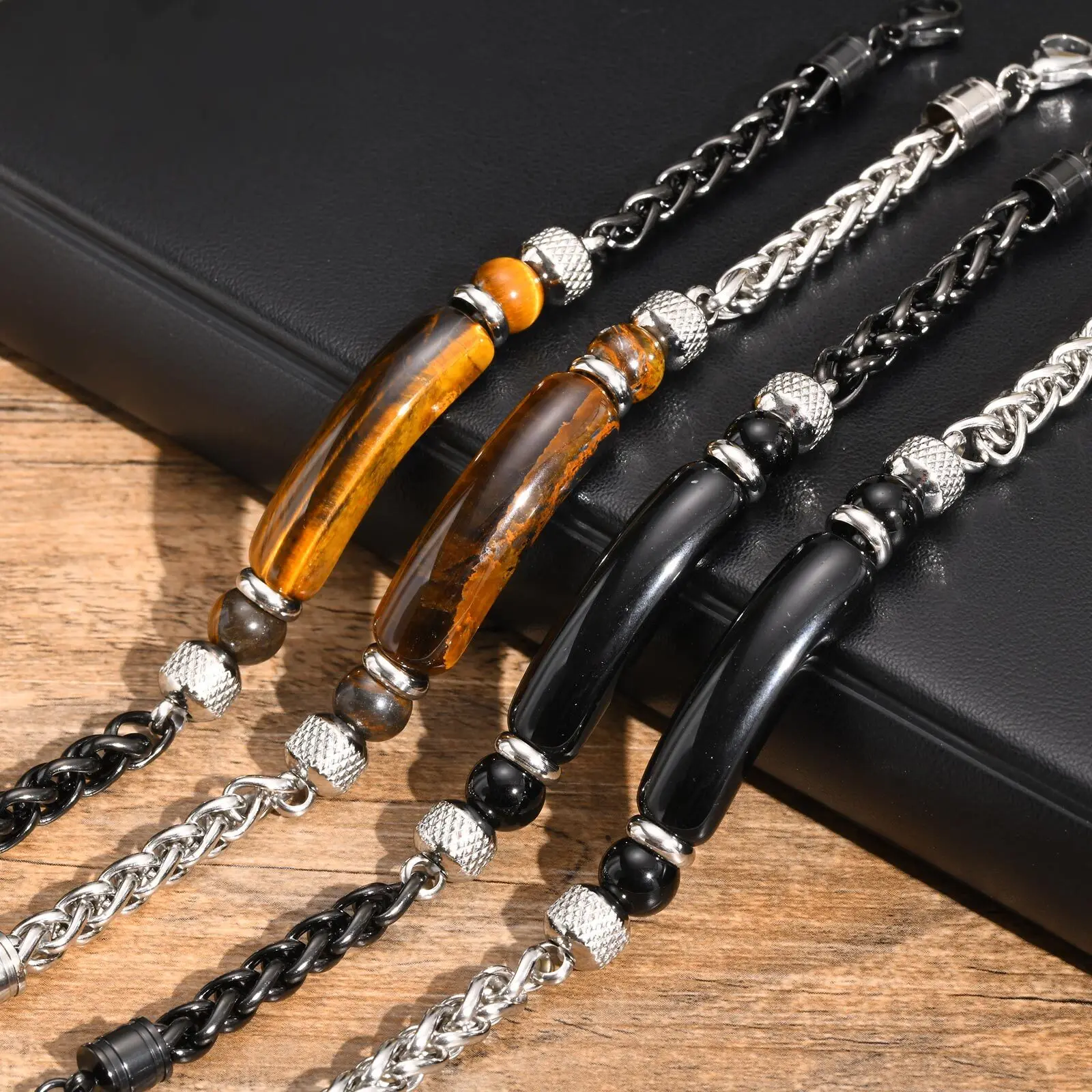 Vnox Natural Stone Tiger Eye Bar Beads Bracelets for Men, Adjustable Stainless Steel Wheat Chain Link Bracelet, Punk Jewelry