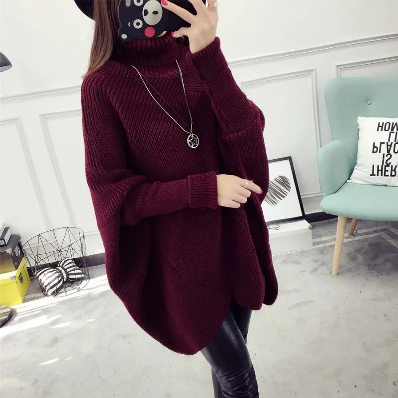 Mid length stylish irregular bat sleeves sweater for women's autumn winter high neck pullover high street loose knitted sweater