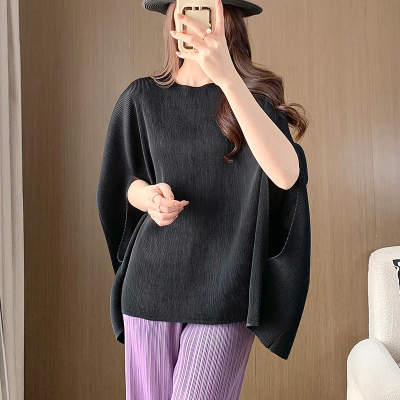 Miyake Pleated Women\'s Loose Bat Sleeve Solid Color Top Fashionable Cape Casual Autumn Women\'s Clothing