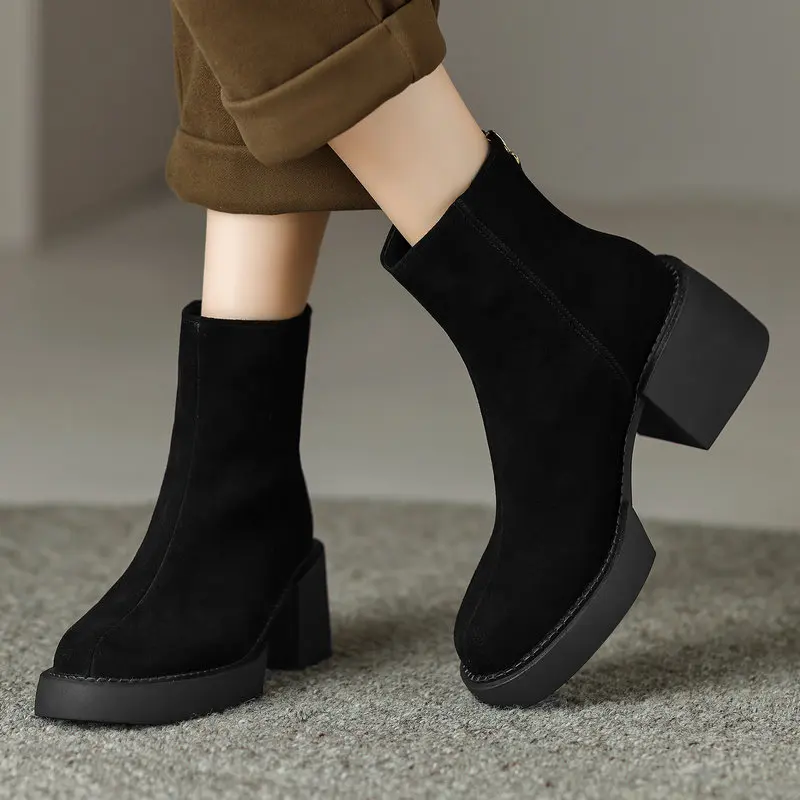 

2024 Women Ankle Boots Thick High Heels Platform Autumn Winter Short Boots Basic Office Lady Genuine Leather Shoes Woman
