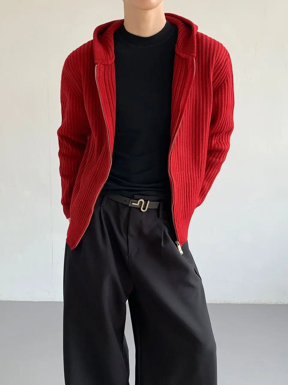 Thick heavy hooded knit cardigan men's high-grade double zipper cashmere sweater lazy coat