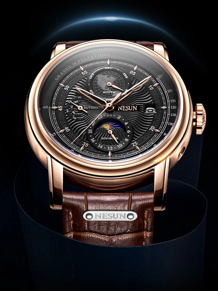 NESUN automatic mechanical watch for men, multi-functional mechanical watch, skeleton men's watch, gentleman's wristwatch