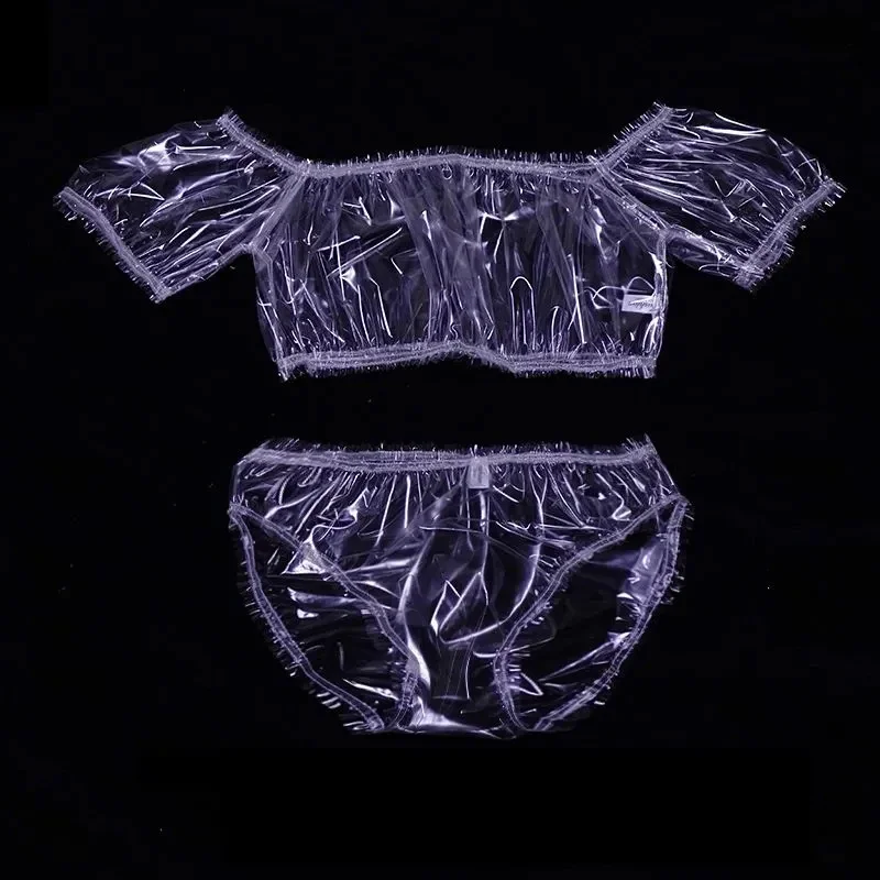 

Men Sexy Transparent EPU Plastic Cropped Tops Briefs Set ABDL Soft Silent Waterproof Panties Women FKK Private Party