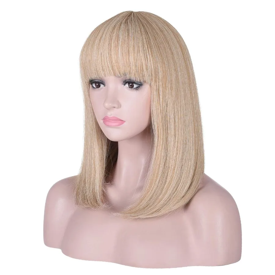 Peluca Bob con reflejos rubios cortos y lisos de 15 pulgadas con flequillo, pelucas de pelo sintético resistentes al calor de aspecto Natural para mujeres en Everyd