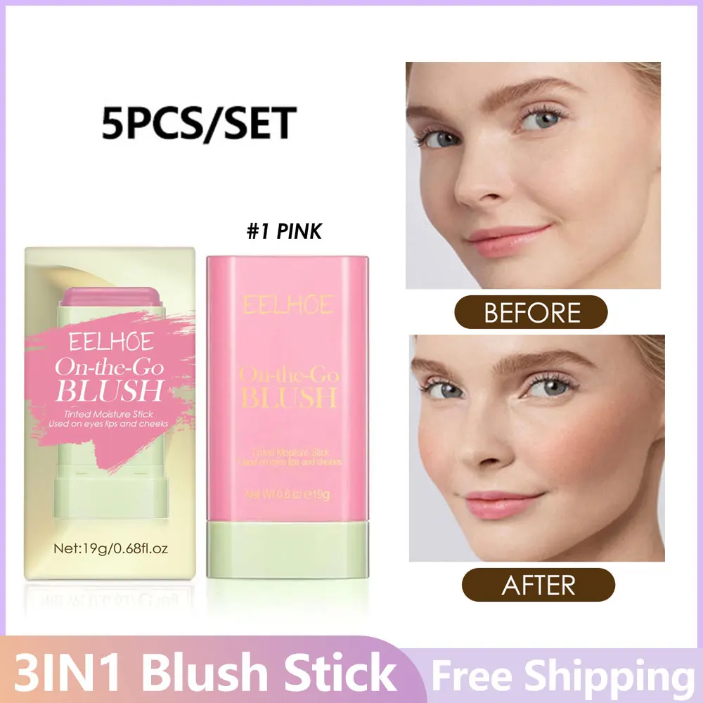 3in1 Pink Tinted Blush Stick Eyes Cheek Lips Makeup Monochromatic Multi Blush Stick Face Rouge Blusher Makeup Wholesale 5pcs/set