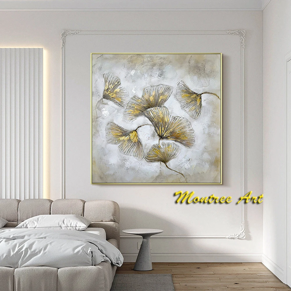 Hand Painted Oil Painting Dark Gold Ginkgo Leaves Painting Gray Abstract Art Ginkgo Biloba Art Hand Painted Original painting