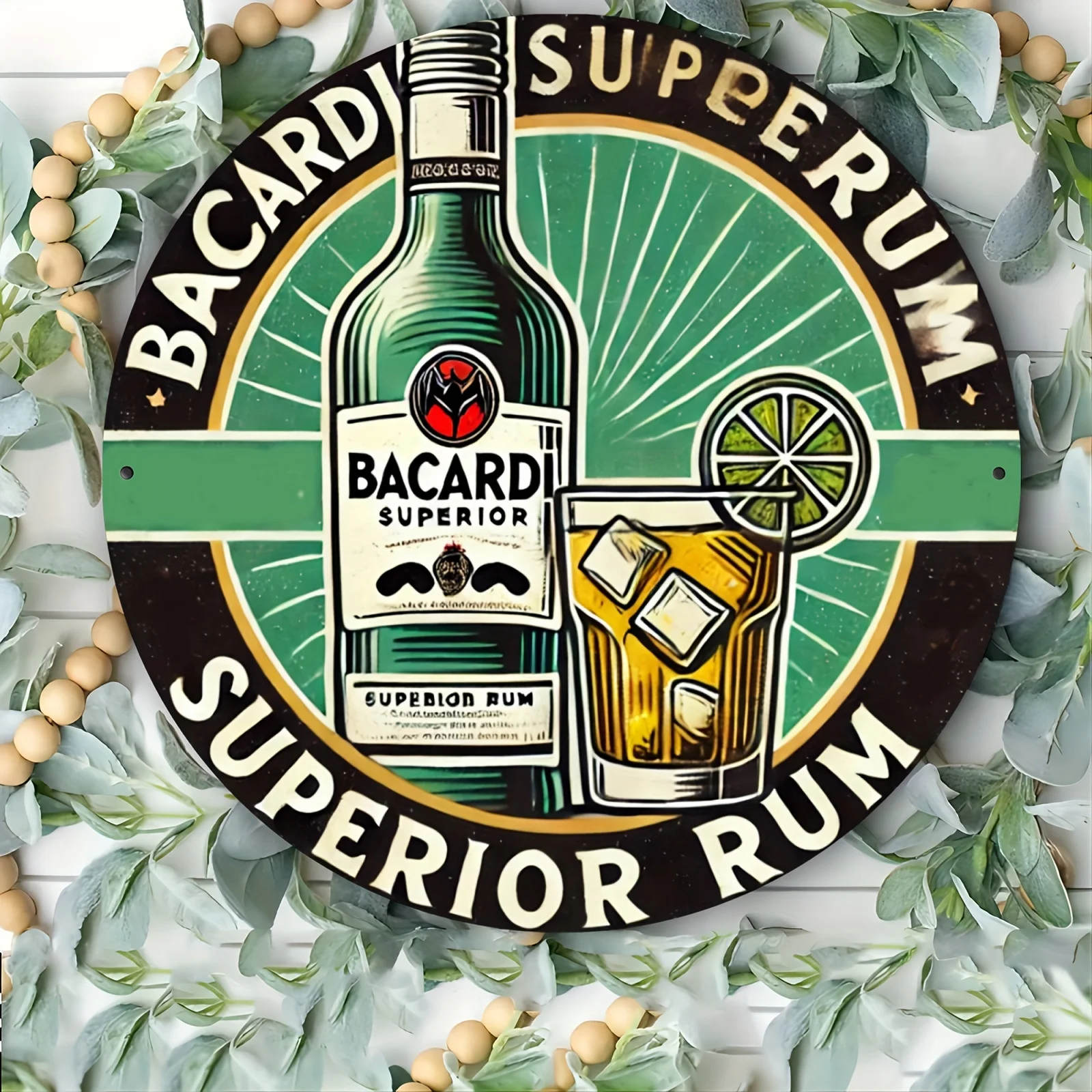 Bacardi Superior Rum Letrero de metal redondo de 8 x 8 pulgadas, arte de pared de aluminio duradero para decoración del hogar y la oficina, regalo ideal para la sala de estar, B