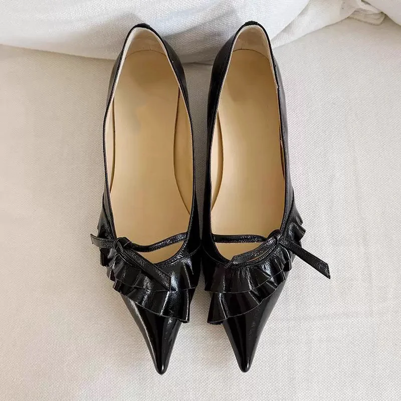 

Elegant Ruffles Low Heeled Mary Jane Shoes Women French Style Point Kitten Heels Fashion Flats Banquet Dress Shoes Casual Shoes