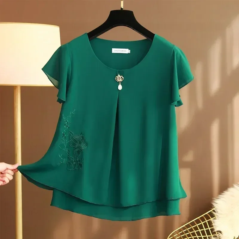 Short-sleeved Round Neck Chiffon Embroidered Small Summer Middle-aged and Elderly Women\'s Broad Too Loose Cover Belly Blouse