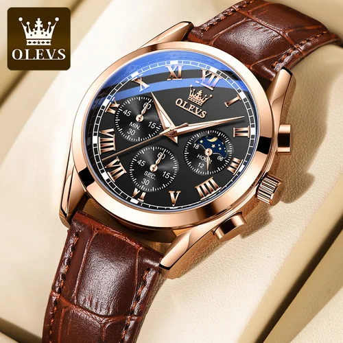 OLEVS 2871 reloj para hombre, reloj de cuarzo de marca Original, reloj cronógrafo multifuncional para hombre, reloj de fase lunar luminosa resistente al agua
