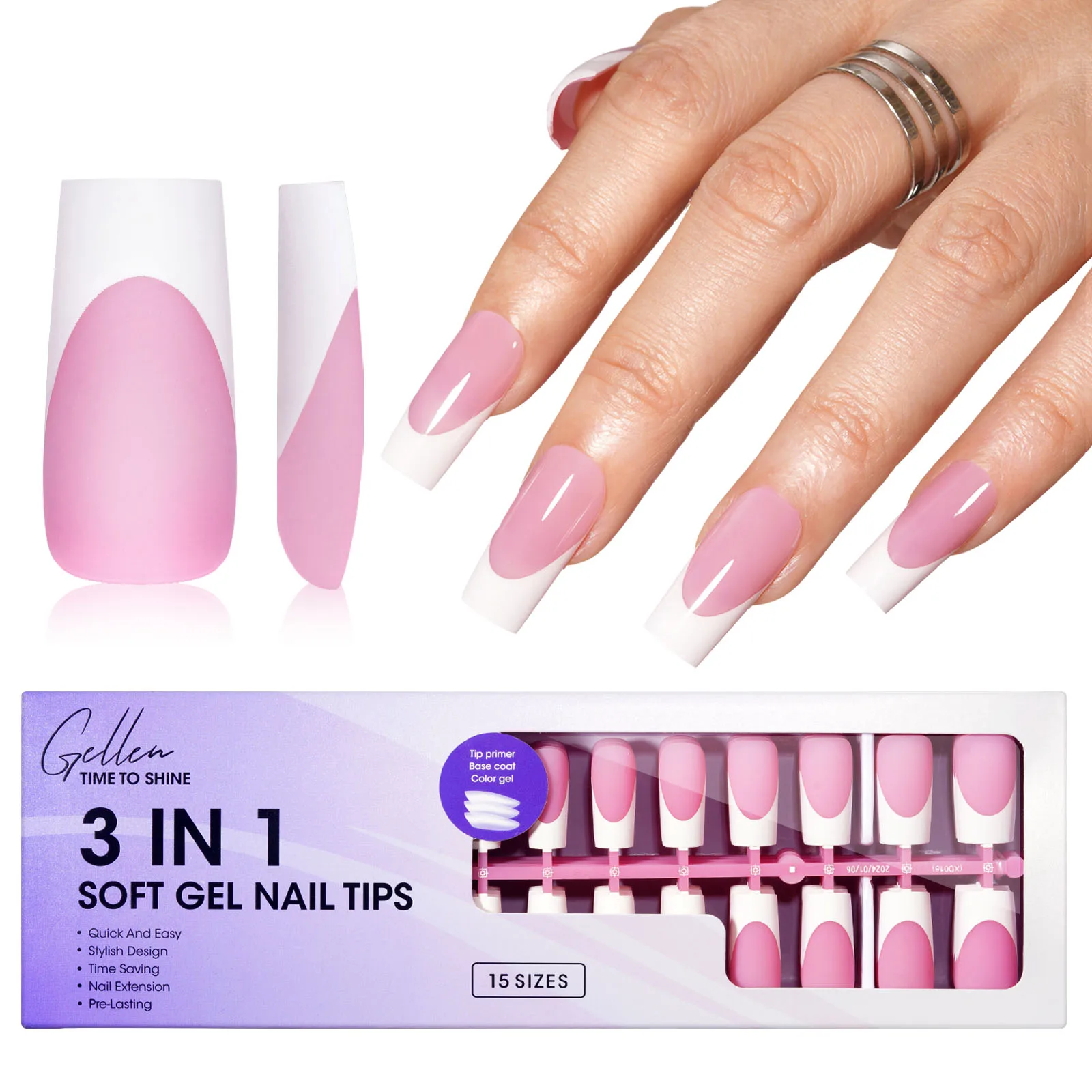 GELLEN Französisches weiches Gel-Nagelspitzen-Set, 150 Stück, 15 Größen, zum Aufdrücken der Nägel, rosa, lange, quadratische künstliche Nägel, 3-in-1, trendiges Maniküre-Spitzen-Set