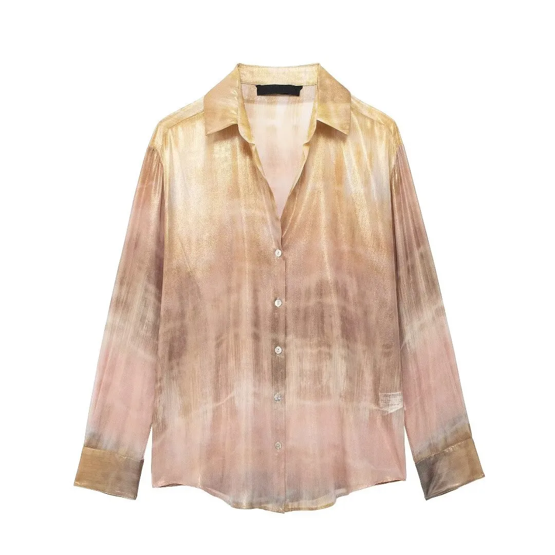 Women's Metallic Foil Tie Dye Print Shirt Shirts & Blouses Korean Pop Clothing Women's Shirts Tops Elegant 2024 Summer 