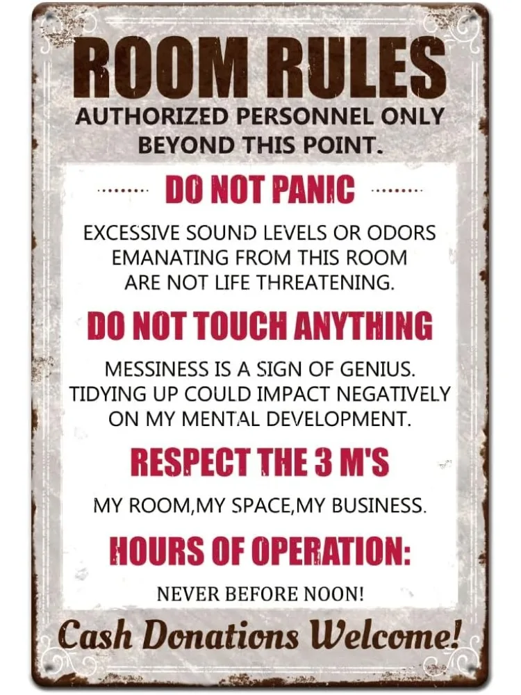 Vintage Decor Metal Tin Sign 12x8 Inch Funny Room Rules Sign Gaming Room Door Decor Dorm Wall Accessories with 4 Pre-Drilled Holes for Teen Home Wall Decor