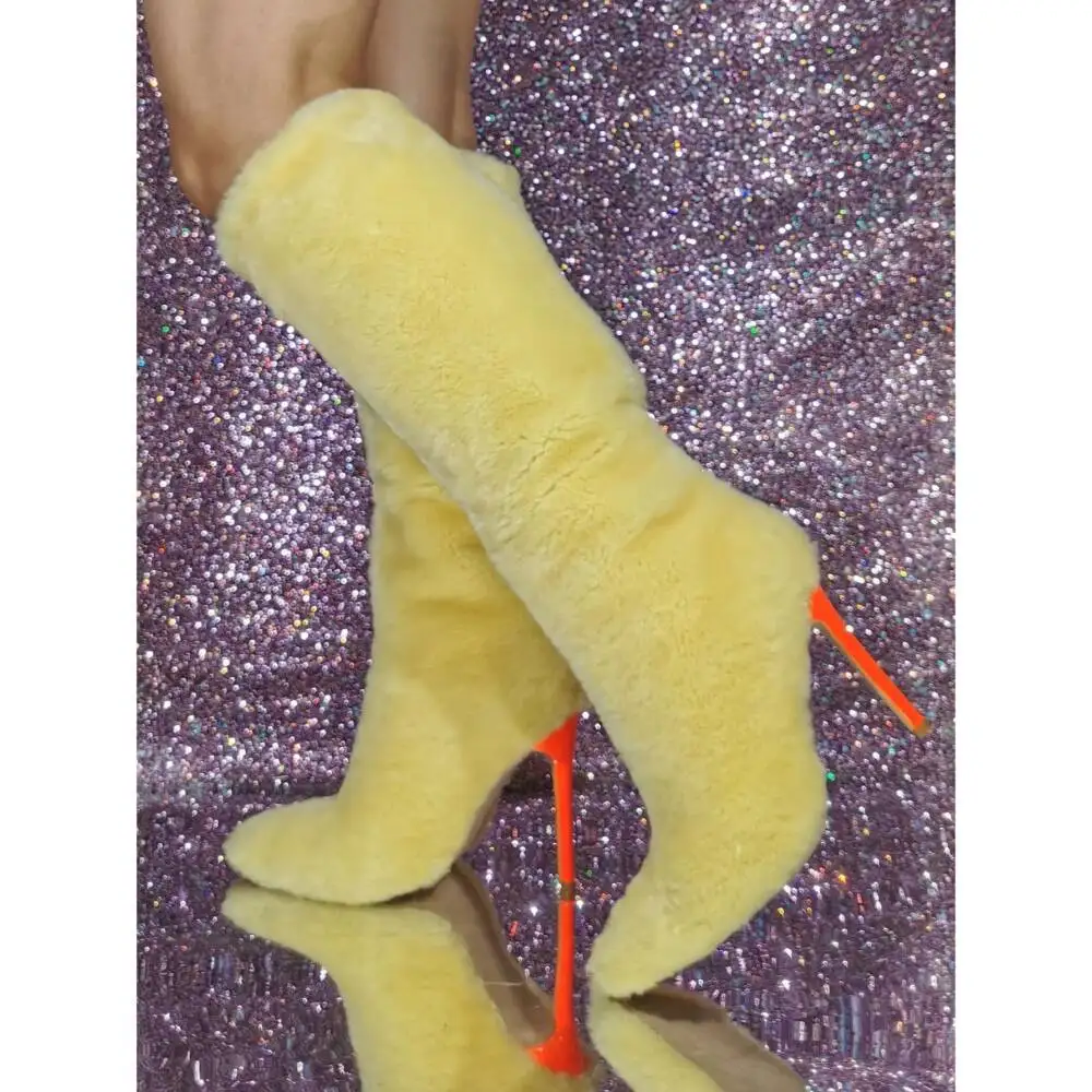 

2025 Winter New Women Boots Yellow Real Fur Warm Knee-High Fashionable Boots Sexy Orange Stilettos Stage Party Catwalk Boots