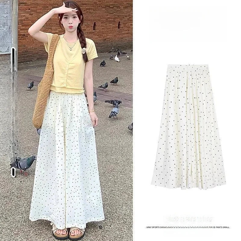 High Waist A-Line  Skirt Pants Women's Summer Polka Dot Wide Leg Casual Pants Skirt Cleanfit Style Cotton Quick Dry