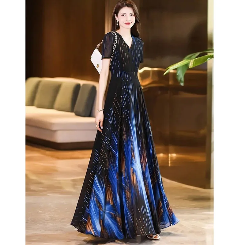 Pendant Sense Dress for Women Summer 2024 New Fashion High end, Elegant Slim and Waist Up V-neck Chiffon Dress Long Dress 4XL