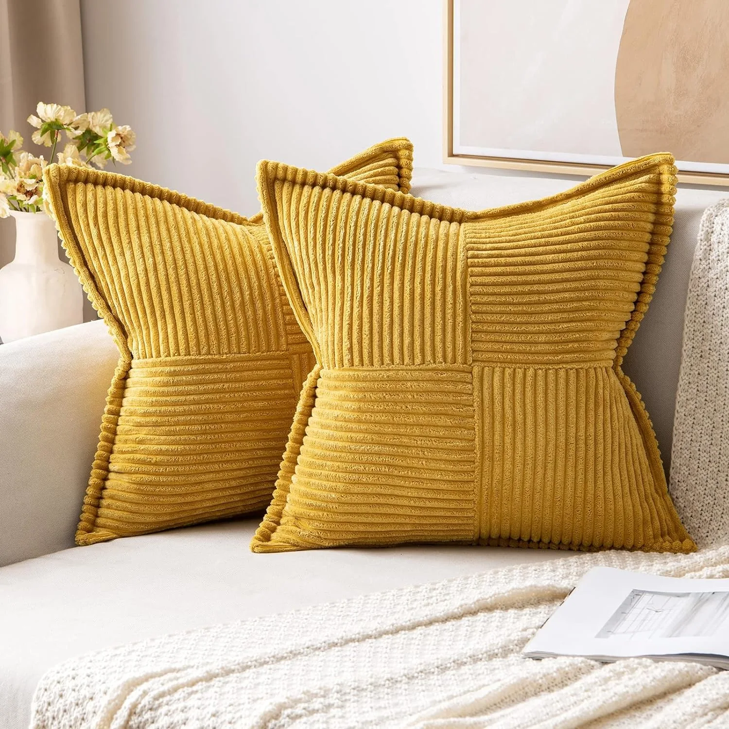 45x45cm Yellow White Geometric Splicing Patchwork Corduroy Pillowcase for Home Living Room Sofa Decoration Cushion Cover Home