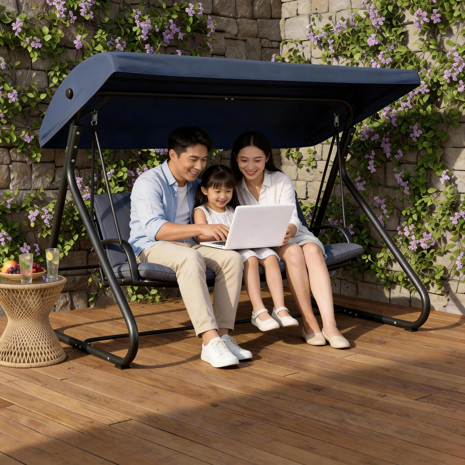 3-Seat Convertible Outdoor Swing Bed With Adjustable Canopy 2-In-1 Patio Glider Bench 750lbs Capacity For Porch Backyard
