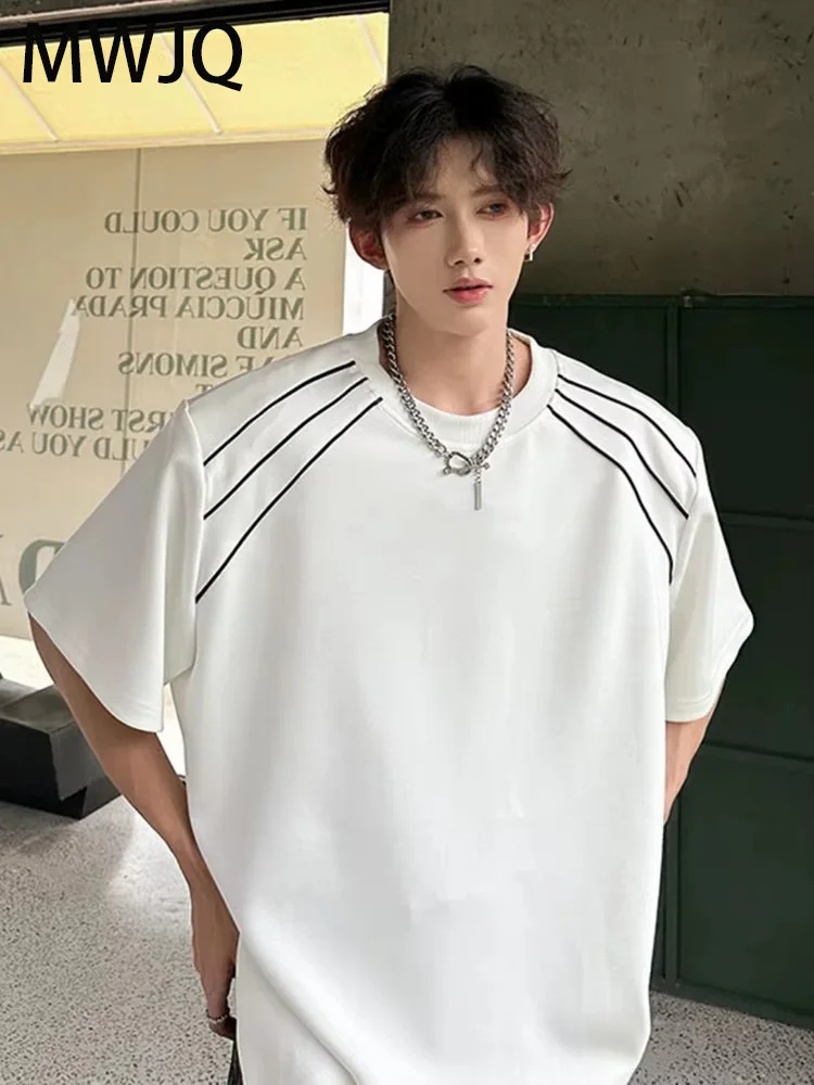 

MWJQ Американская мужская футболка с дизайном, уличная мода, свободные летние новые топы с короткими рукавами и круглым воротником, нишевые тяжелые топы 010362