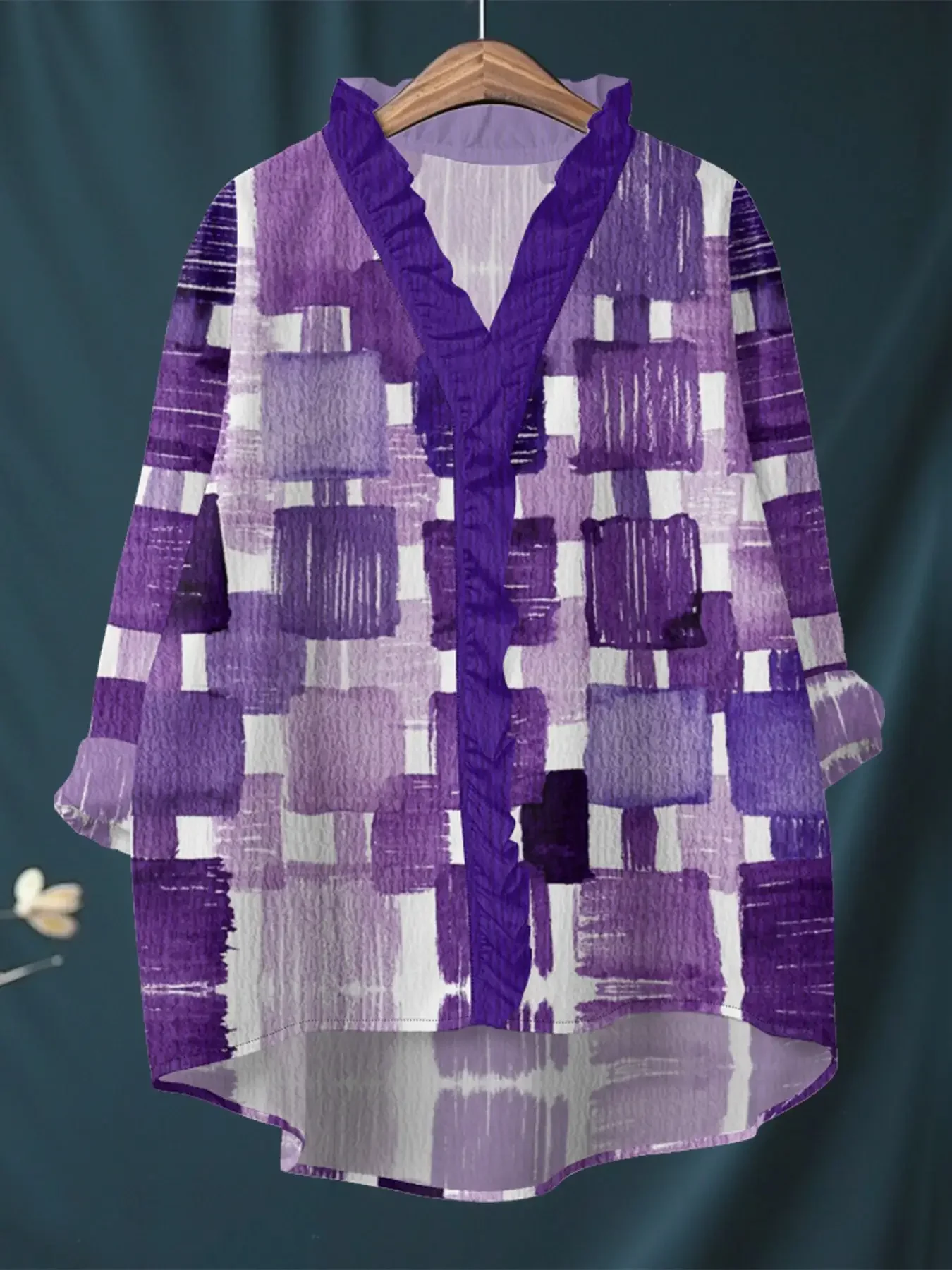 New women's printed long sleeved shirt with ruffled neckline, Best gift choices for Christmas and New Year