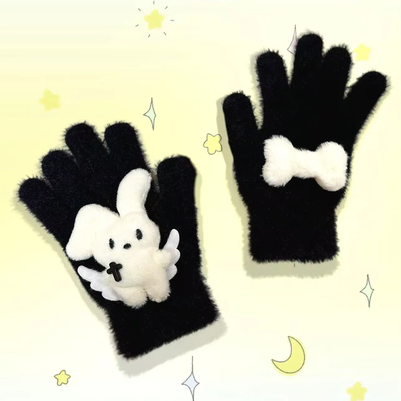 Kawaii Fur Winter Thickened Gloves Fullfinger Y2K Women Lolita Landmine Rabbit Bone Gloves Mittens JK Accessories New Year Gift