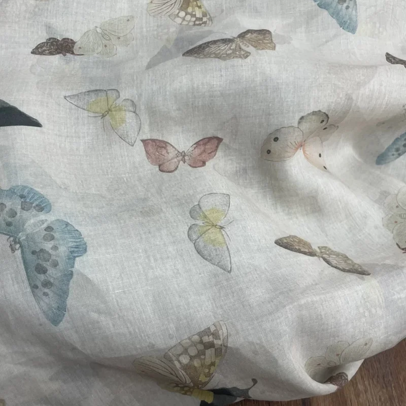 Boho Ramie Linen Fabric Cream White Butterfly Watercolor Vintage Lightweight for Summer Dress Top Skirt Sewing DIY