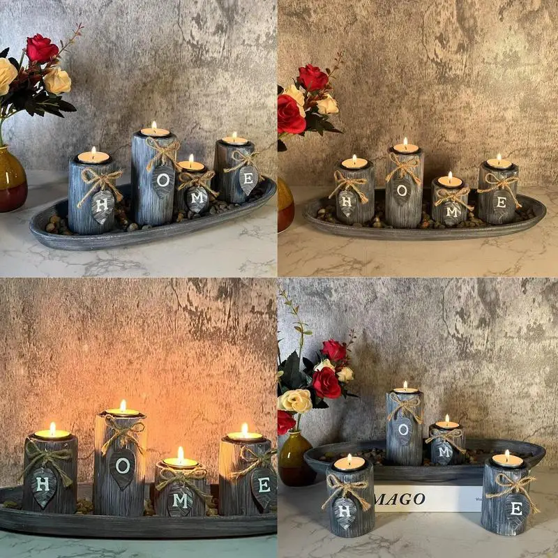 

Wood Candle Holders Pillar Rustic Vintage Wooden Home Sign Tealight Candle Holder Decorative Romantic Candlelight Table