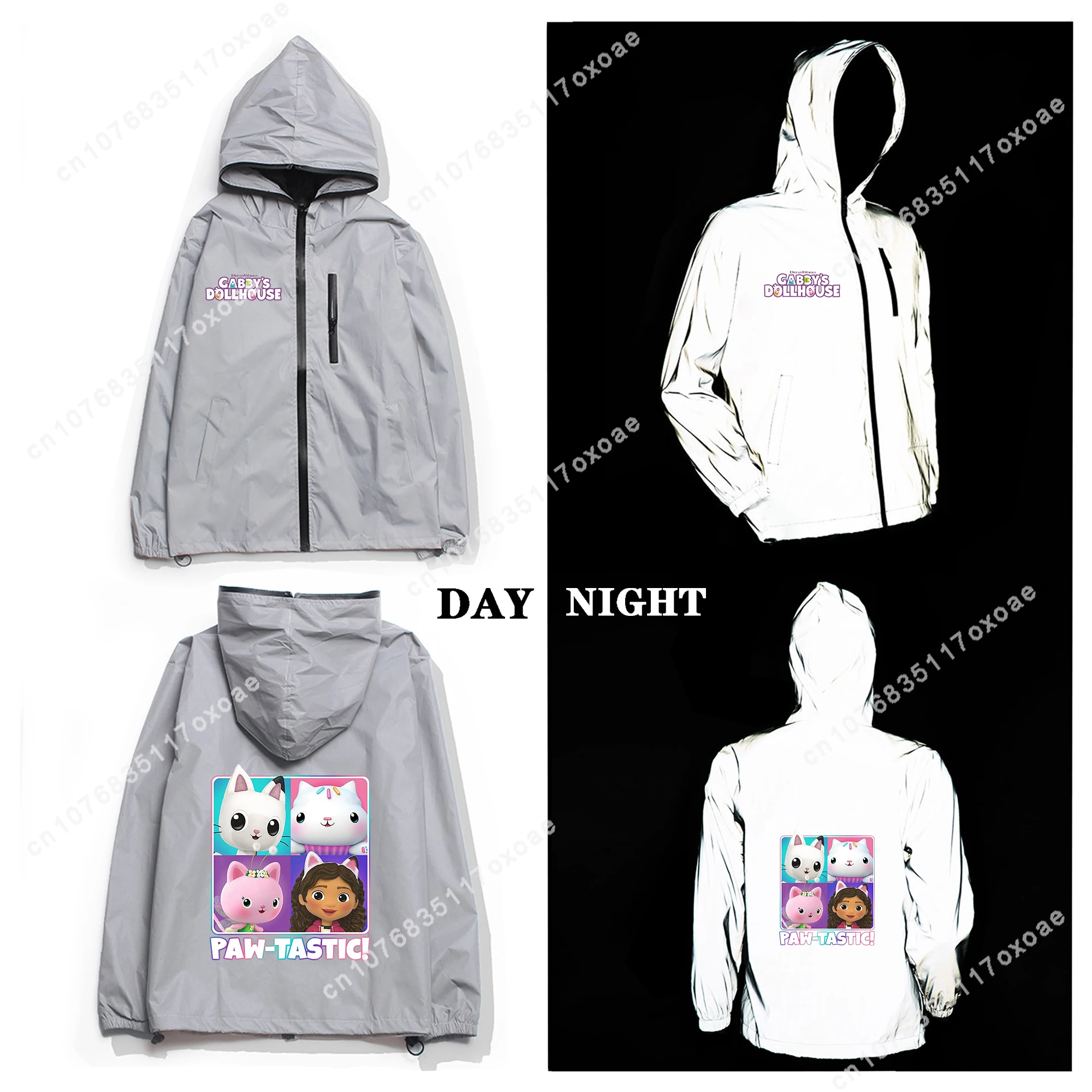 

GabbysDollhouse Reflective Jacket Mens Womens Coat Hooded Windbreaker Pocket Jackets Anime Cartoon Manga Customization Hoodie