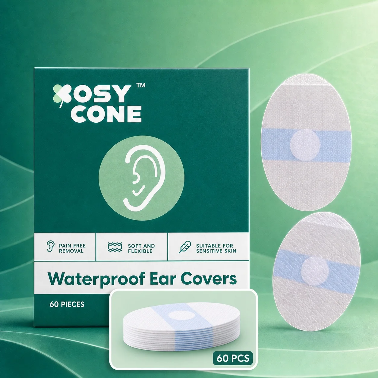 Medical-Grade Silicone Ear Covers for Shower & Swimming – Waterproof Ear Protector with Cotton Ball for Adults – Easy to Take Off, For Otitis Media Patients, Post-surgery Ear Care，Disposable Stickers for Bathing, Surfing, Snorkeling (60Pc)