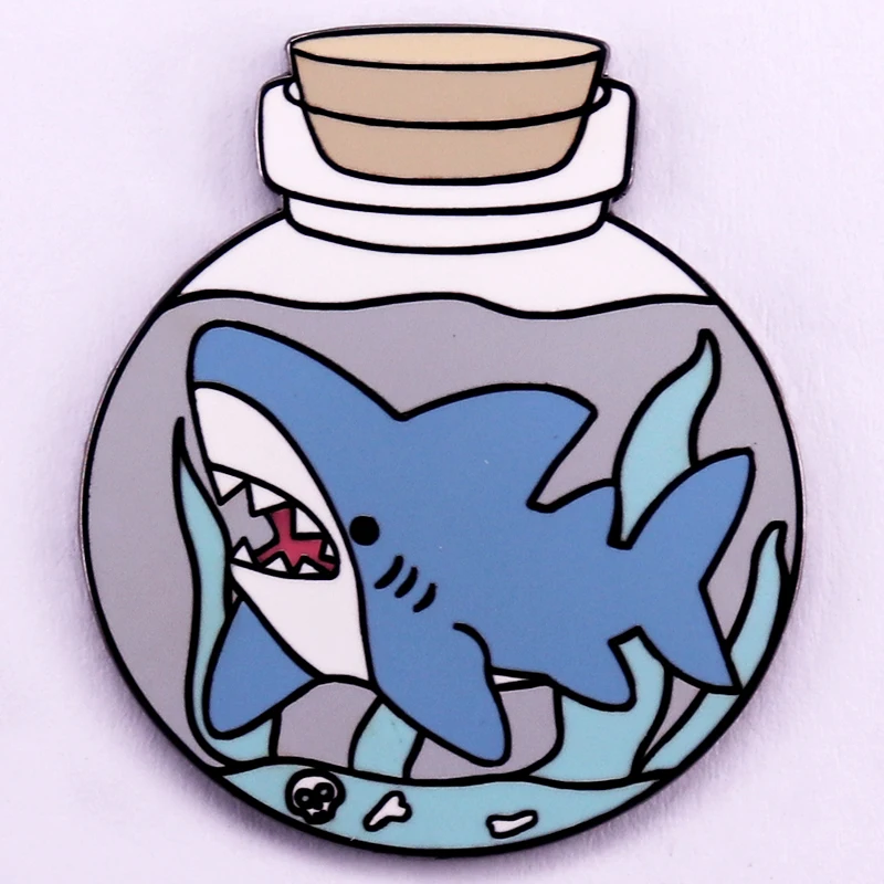 Shark In A Jar Badge Pet Great White Shark Lapel Pin Kawaii Enamel Pin Jewelry Gifts