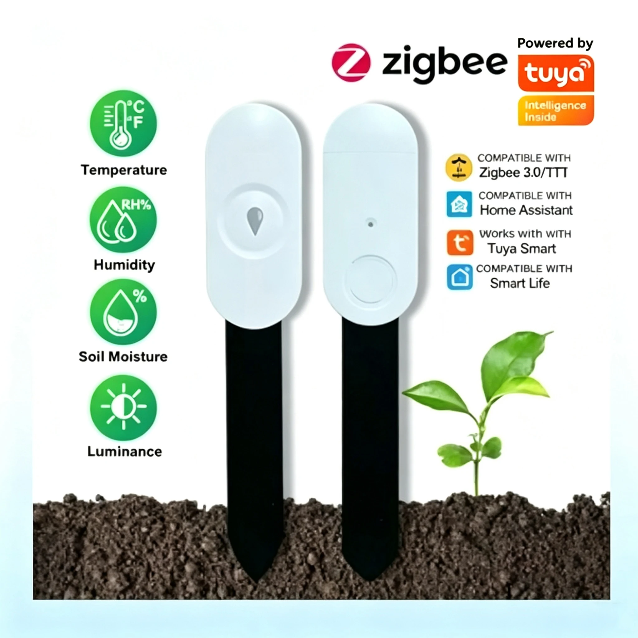 Zigbee Bodenfeuchtesensor Kompatibel mit Tuya Smart Life APP Temperatur-Feuchtigkeits-Lichtdetektor Intelligenter Pflanzenmonitor für den Garten
