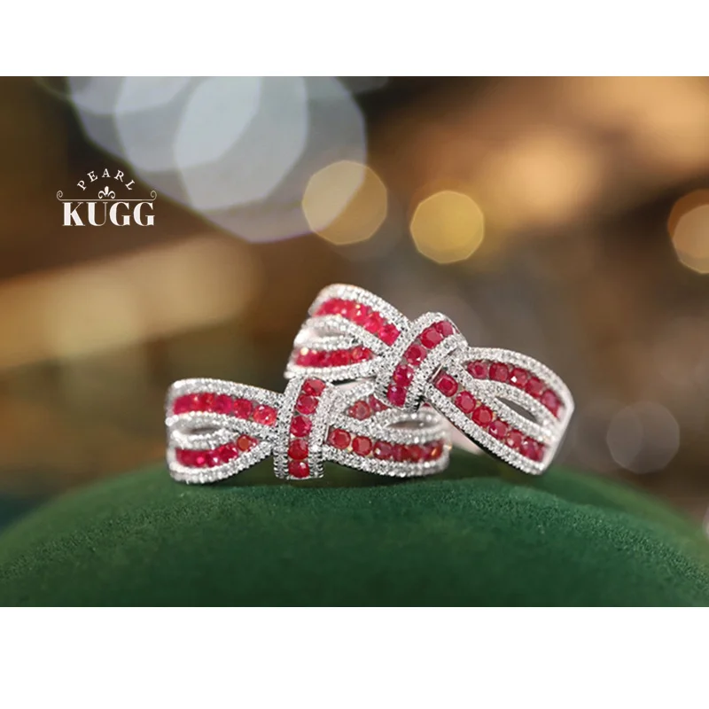 KUGG 100% 18K White Gold Rings Shiny Cross Shape Luxury Diamond Jewelry Natural Ruby Ring for Women High Engagement Party