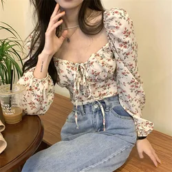 chemise Summer Pullovers Shirt for Women Tops Vintage Flower Print Women Chiffon Blouse Long Sleeve Sheer Thin Shirt рубашка