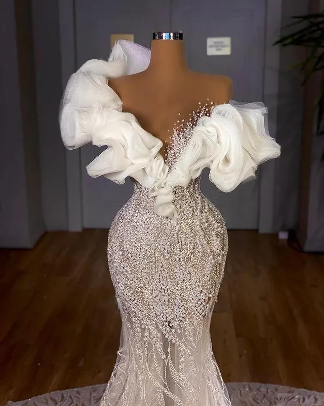 New Luxury Beaded Mermaid Wedding Dresses Off Shoulder Ruffle Sleeve Sparkly Sequins Bridal Gown With Long Train Customized - view 2