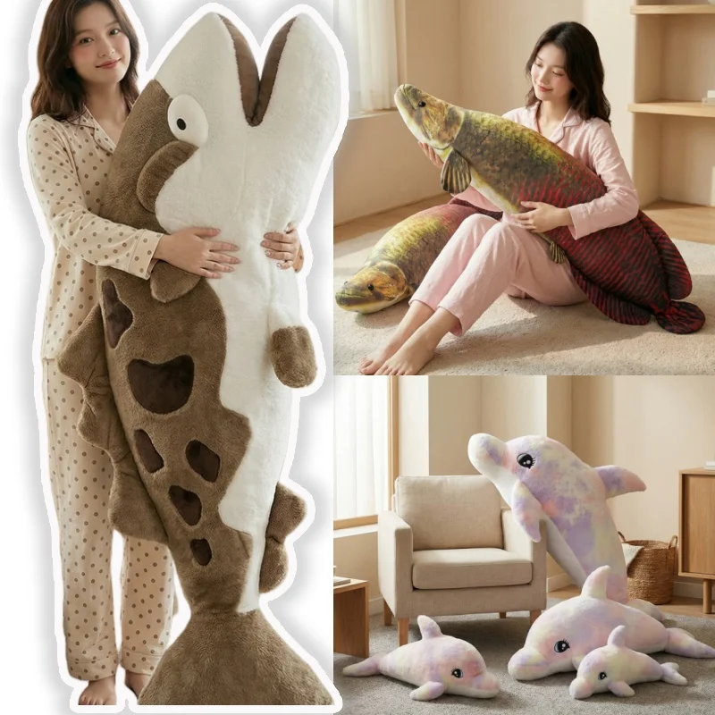 Percha con estampado realista de peluche, Arapaima, delfín, animales marinos, sofá, decoración del hogar, cojín, siesta para niños, muñecas para dormir, regalos