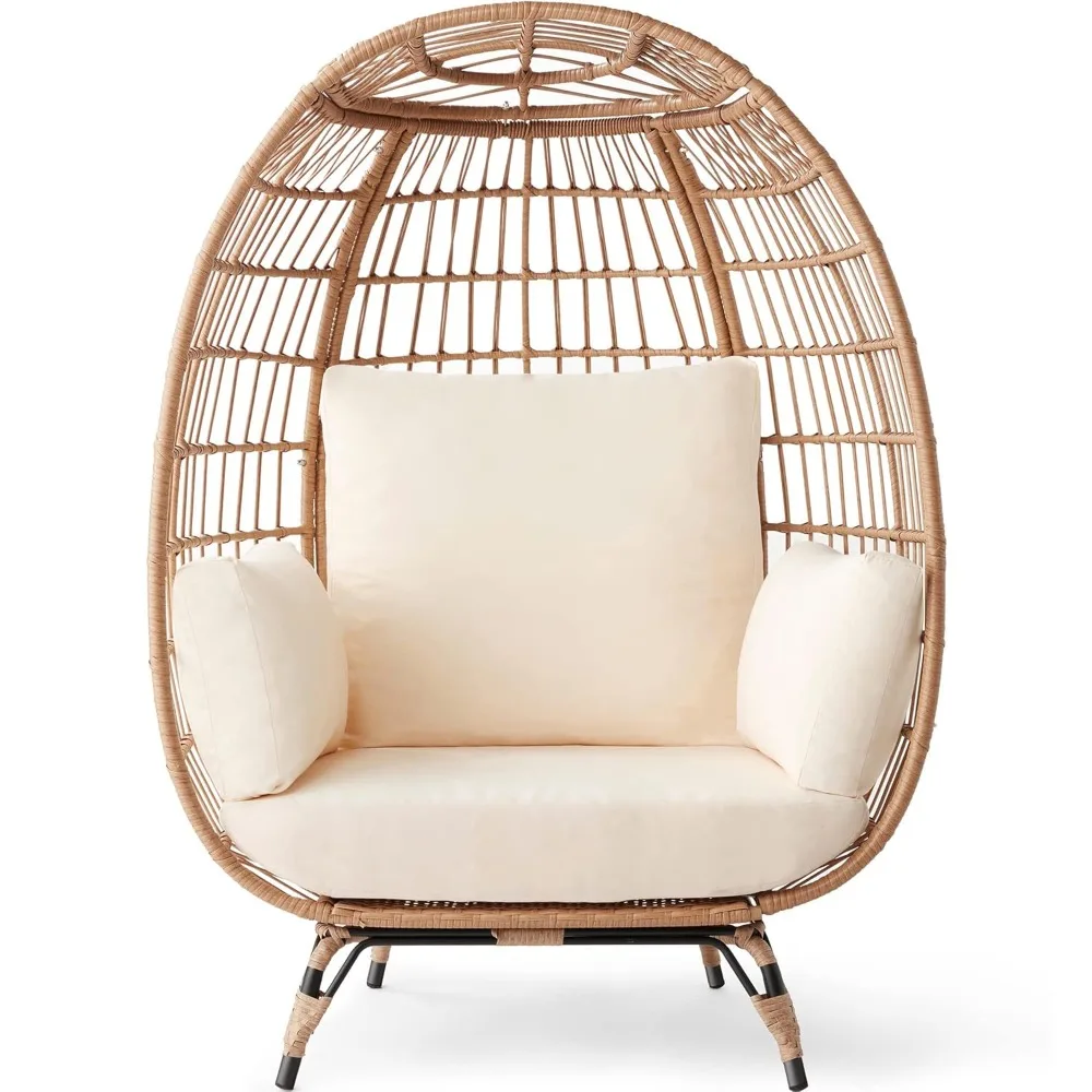 

Wicker Egg Chair, Oversized Indoor Outdoor Lounger for Patio, Backyard, Living Room w/ 4 Cushions, Steel Frame, Customized