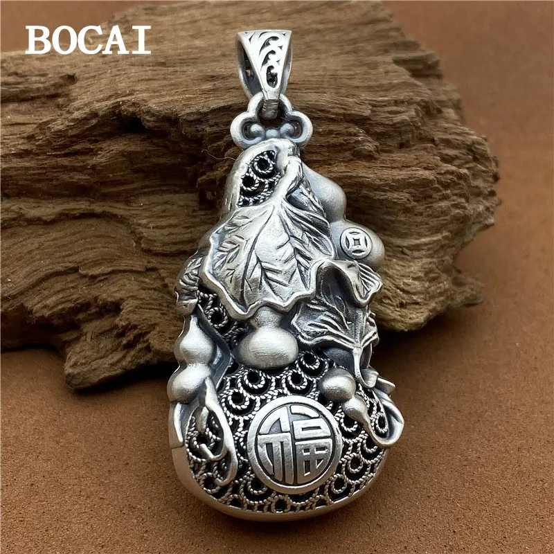 

BOCAI New S999 Silver Retro Personality Chinoiserie Wealth and Fortune Gourd Filigree Pendant Female Gift