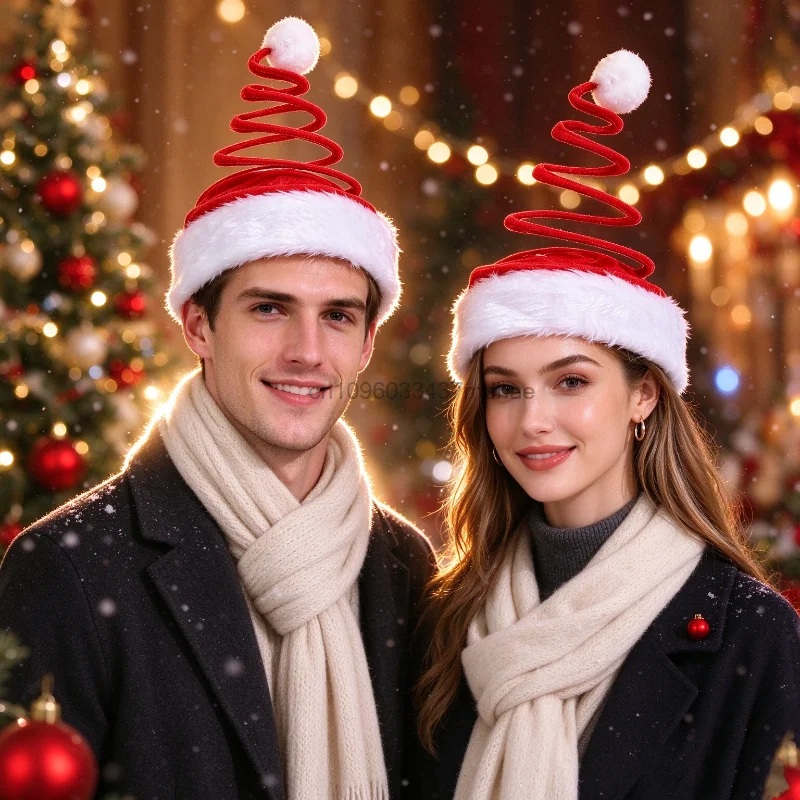 Christmas Spiral Santa Hat Unisex Red Spring Plush Xmas Hat with White Pom Pom Festive Party Cosplay Costume Headwear Props