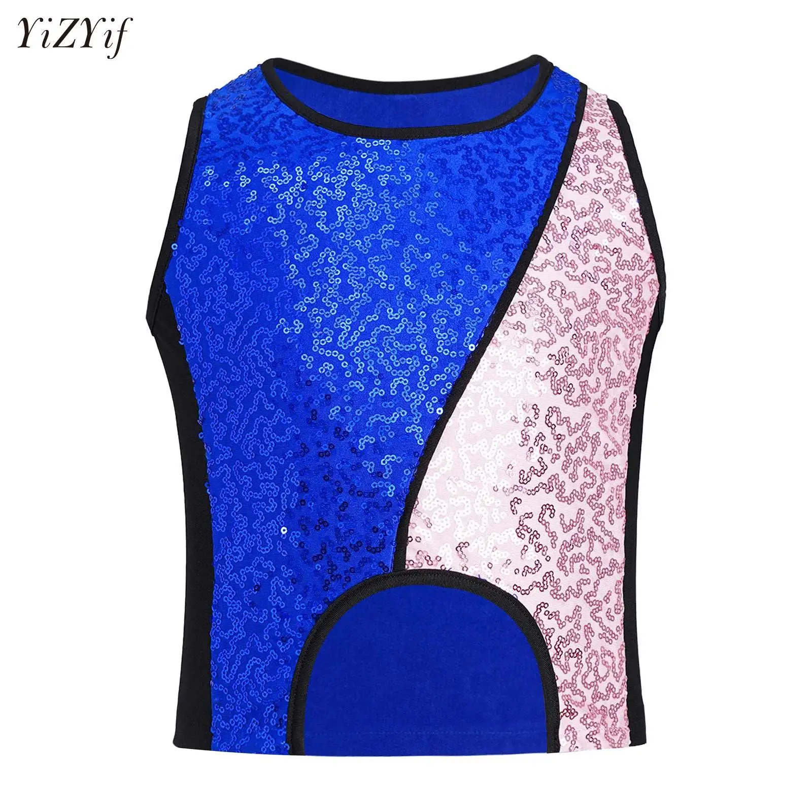 

Kids Girls Jazz Dance Costume Color Block Sparkly Sequins Tank Top Asymmetrical Hem Vest Jazz Modern Performance Party Dancewear