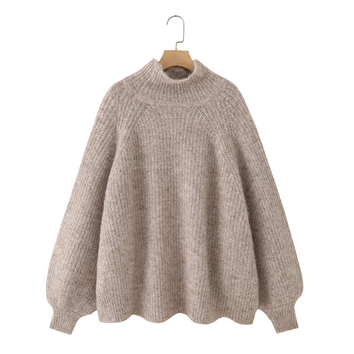 

2025 Winter New Women's Clothing Simple Casual Fashion Loose High Neck Long Sleeve Sweater Puff Wide Sleeve Knitwear