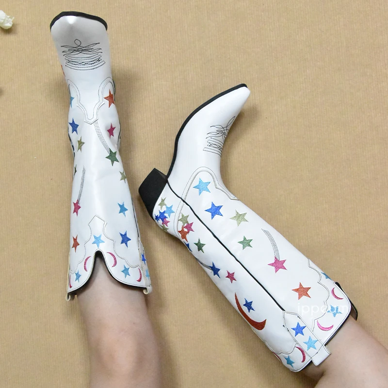 IPPEUM White Cowboy Boots Star Western Knee High Shoes For Women Plus Size 43 Cowgirl Vintage Embroider Botte Cowboy Femme