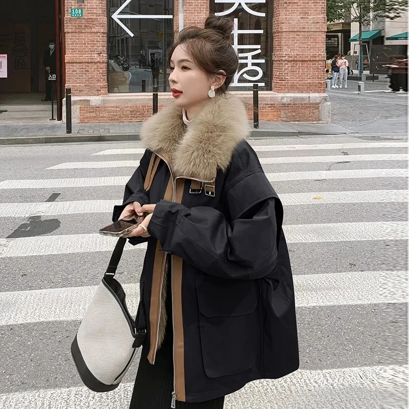 Black Parker Cotton Jacket For Women's Winter Coat  Plus Velvet Warm Overcoat New Female Loose Big FurCollar Outcoat Plus Size